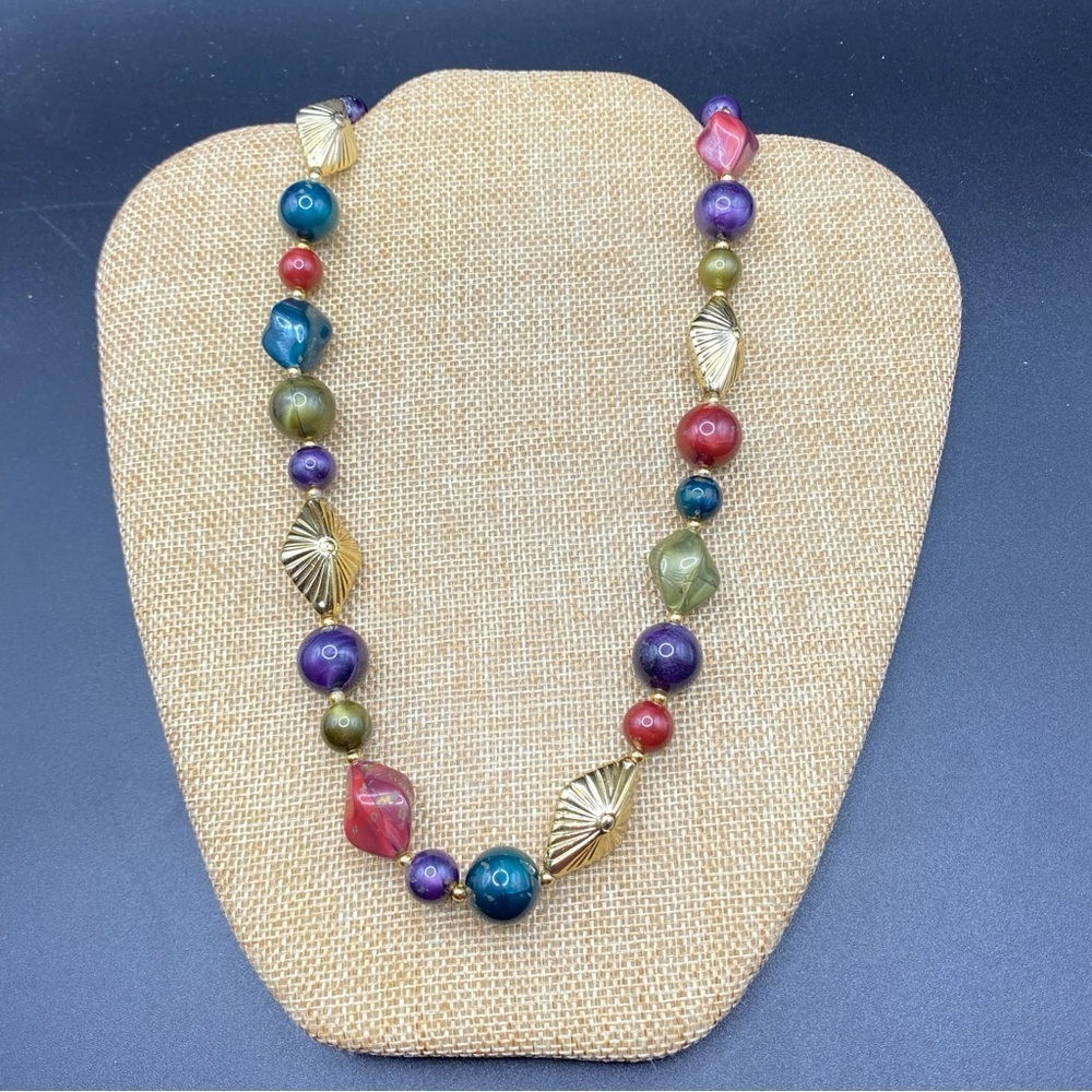Vintage Burgundy Green Purple Beaded Necklace Gold Tone Accent Beads 24”